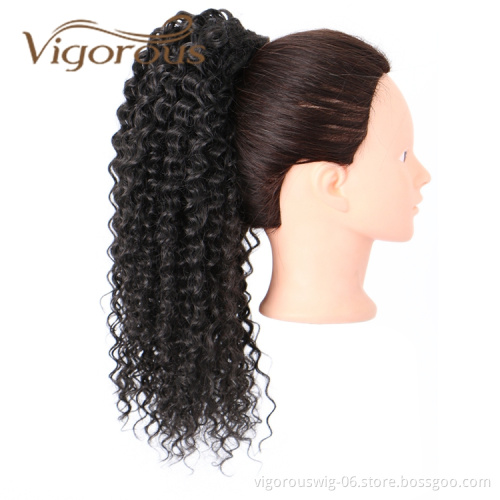 Vigorous High Quality Middle Long Kinky Curly Black Fluffy Heat Resistant Fiber Drawstring Synthetic Ponytail Hair Extension